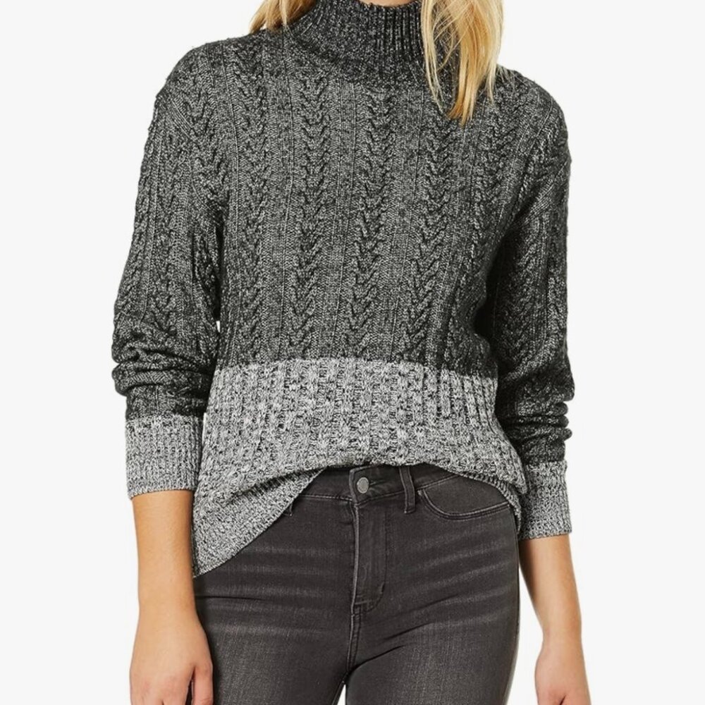 Splendid Cable Knit Mock Neck Sweater Black with Heather Bottom
